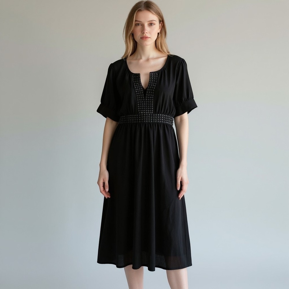 Banana Republic LBD Silk Blend Embroidered Low V-Neck Empire Waist Midi Dress M